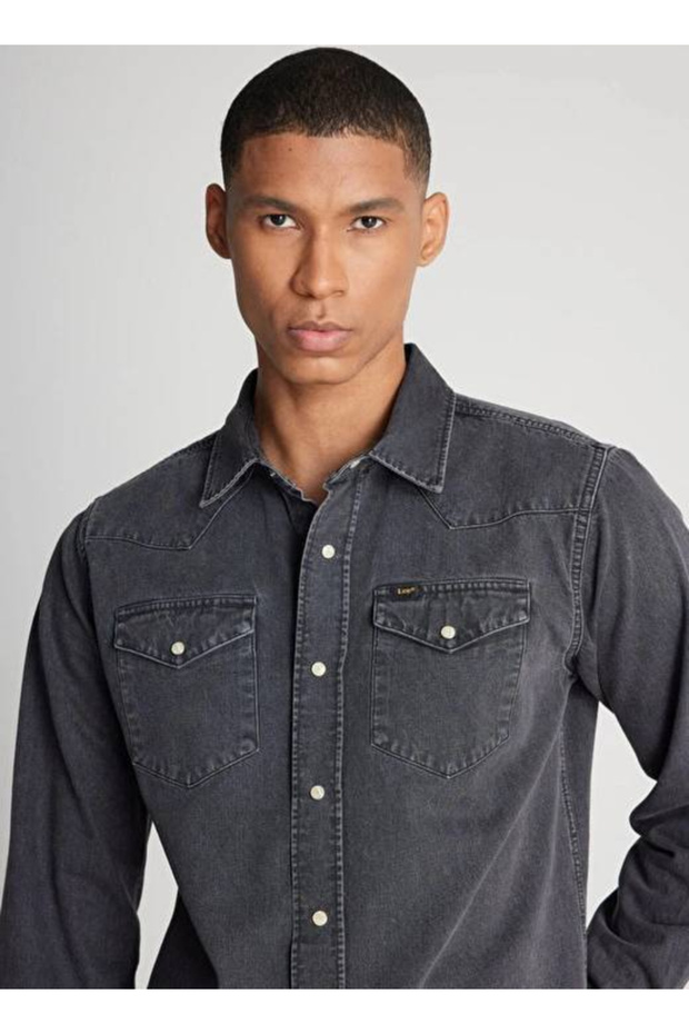 Regular Fit Normal Kesim %100 Pamuk Antrasit Jean Kot Gömlek - 4
