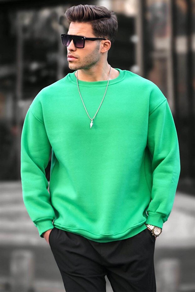 Green Crew Neck Oversize Ribbed Basic Men's Sweatshirt 6048