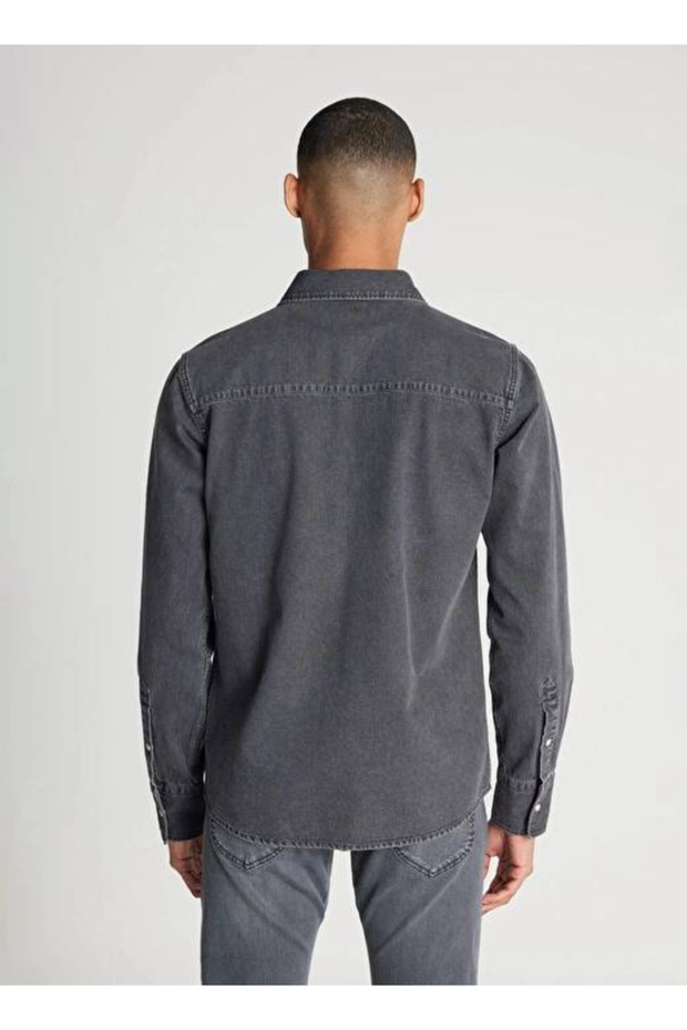Regular Fit Normal Kesim %100 Pamuk Antrasit Jean Kot Gömlek - 6