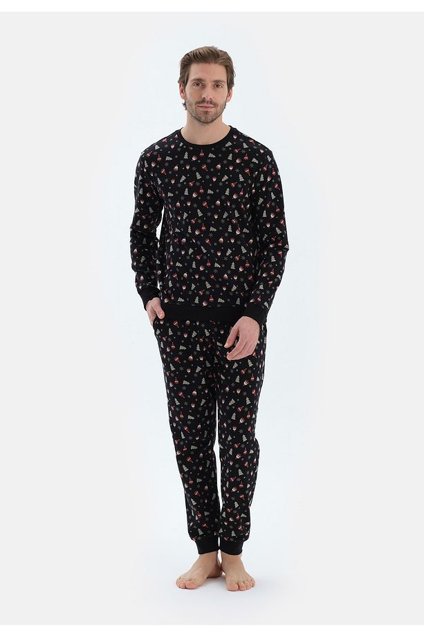 Siyah Metraj Baskılı İpek Apre İnterlok Pijama Takımı - 1