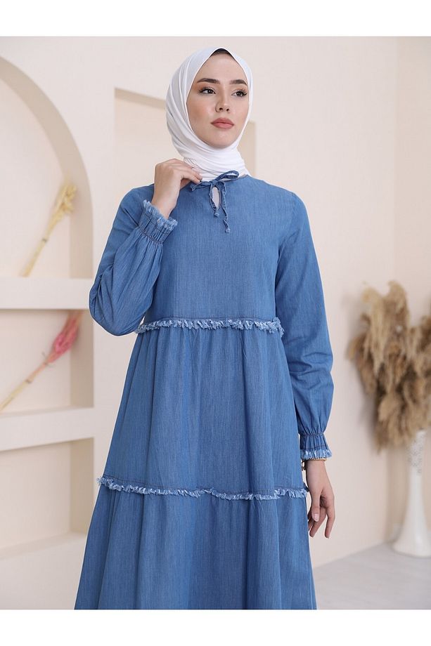 Üç Parça Yıkamalı Kot Elbise -mavi - 4
