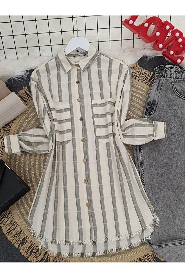 Eteği Püsküllü Gömlek -bej - 1