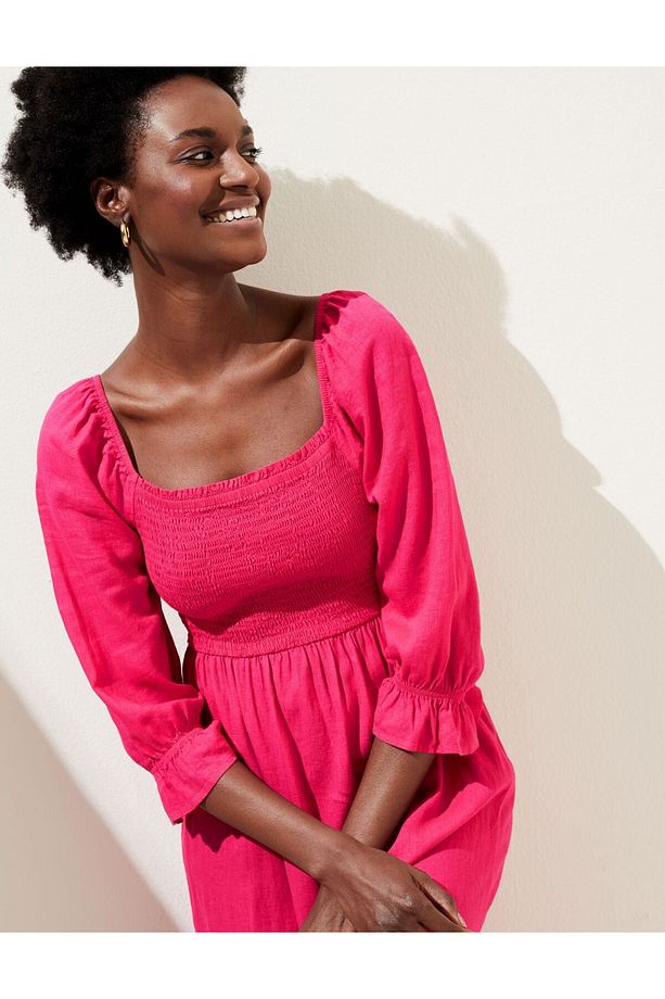 Regular Fit Midi Keten Elbise - 2