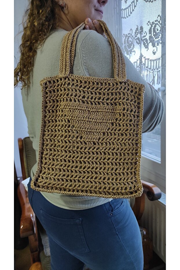 Anneler Günü Örgü Kağıt Ip Hasır Kol Çantası, Omuz Çantası - 4