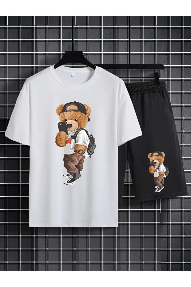 Teddy Bear Print Men's 2 Piece Comfy Crew Neck Short Sleeve T-Shirt and Adjustable Shorts Set