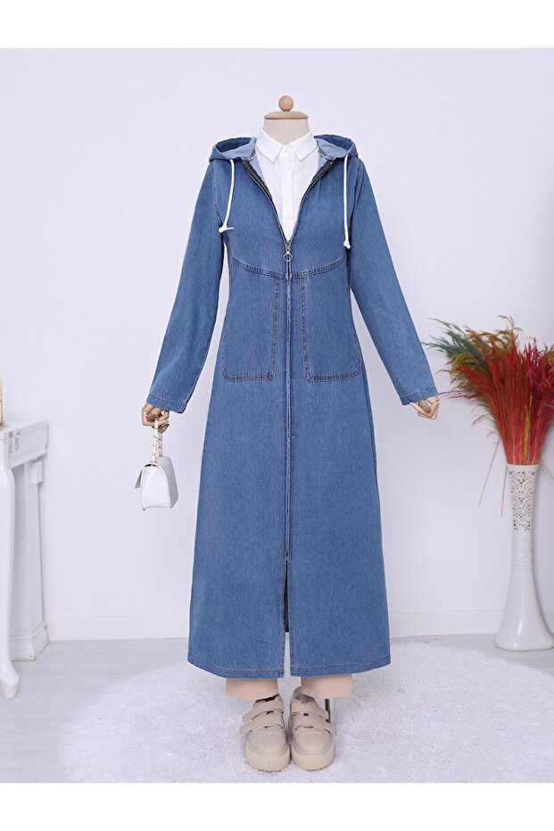 Denim Jacket with Indigo Hoodie and Side Pocket