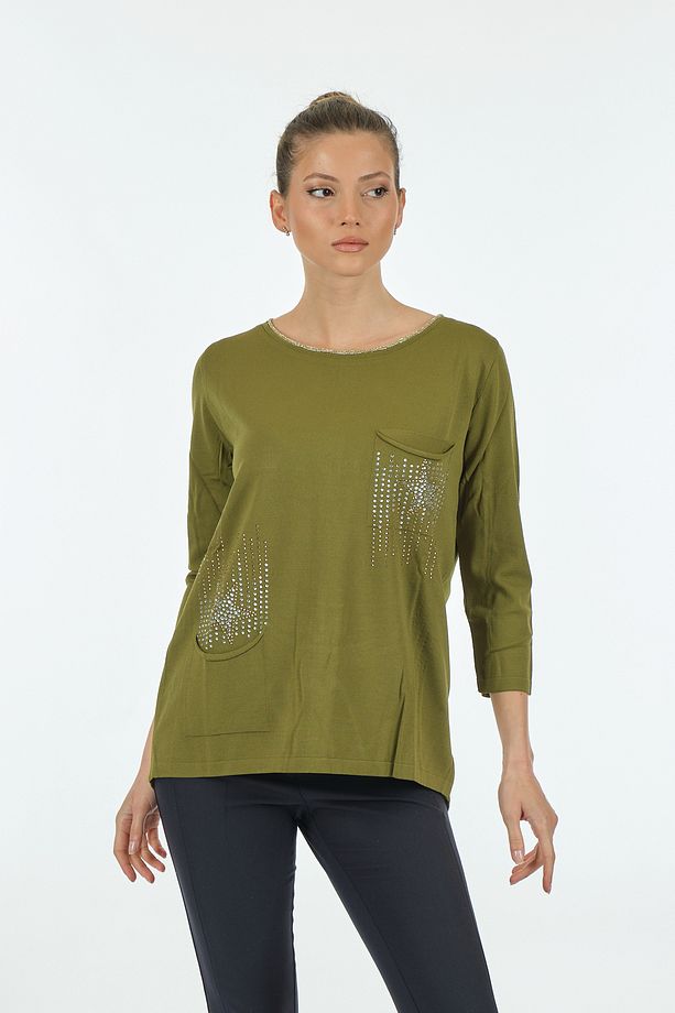 Twomail Minimalist Oversize 3/4 Kol Kadın Bluz - Cep Detaylı - 3