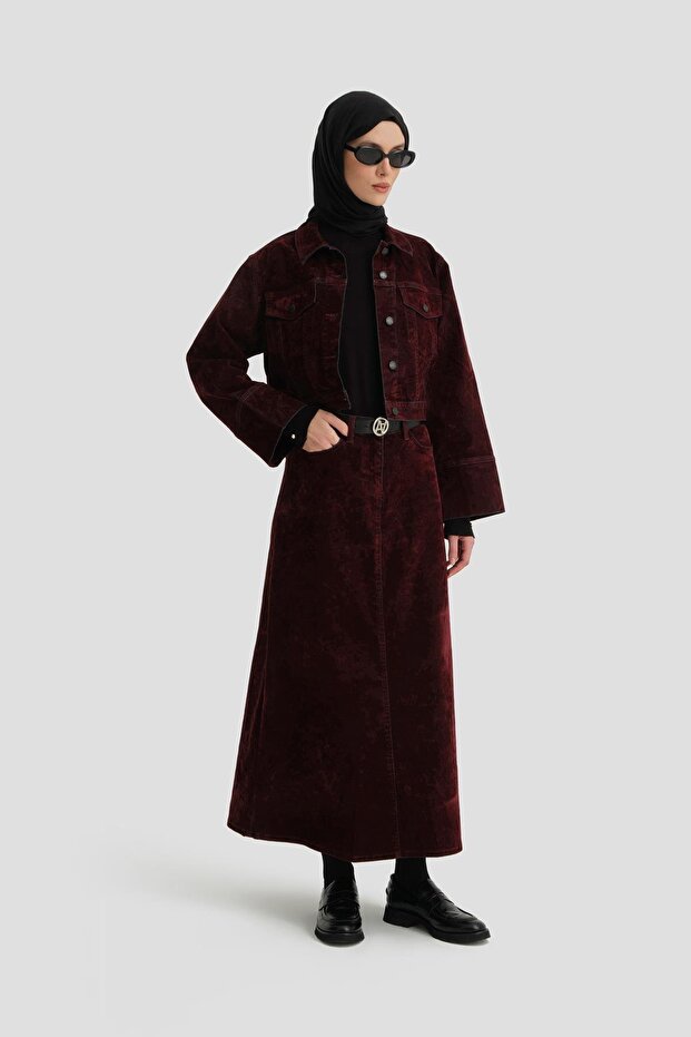 طقم فلوك مطبوع دينيم 24KD3401 أحمر كلاريت