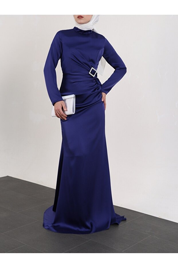Side Gathered Satin Evening Dress with Stone Taka Detail