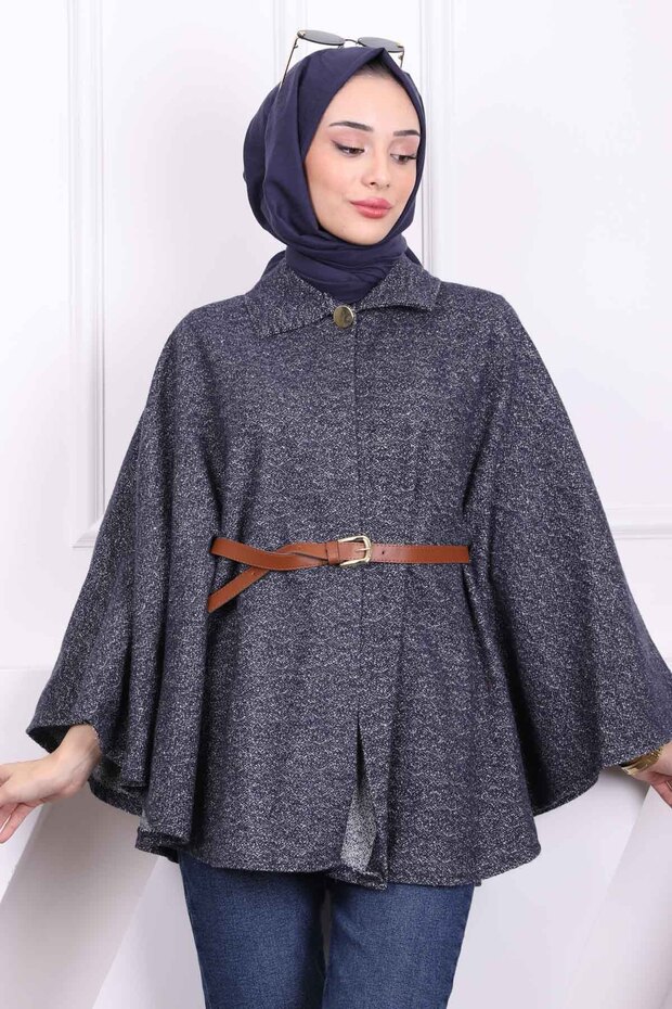 Navy Blue Single Button Belted Poncho