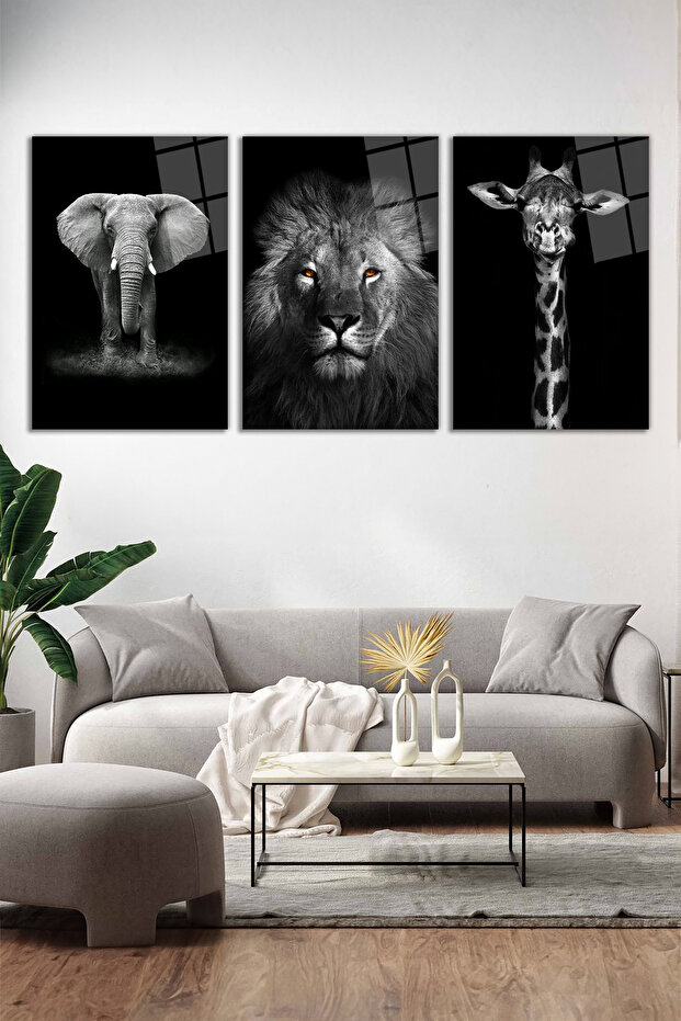 Aslan, Zürafa ve Fil 3'lü Cam Tablo Seti, Modern Ev ve Ofis Dekoru, Hediyelik Duvar Dekorasyonu - 3