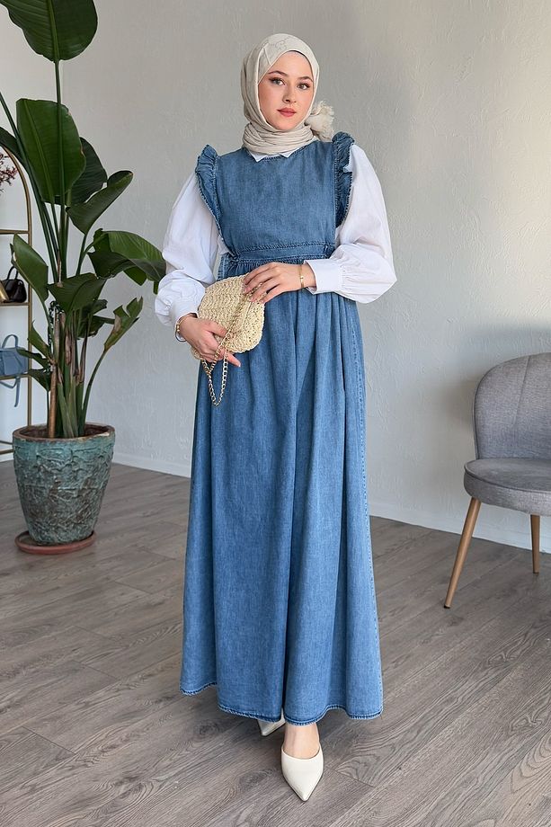 Frida Omuzu Fırfırlı Kot Jile Elbise - Mavi - 4