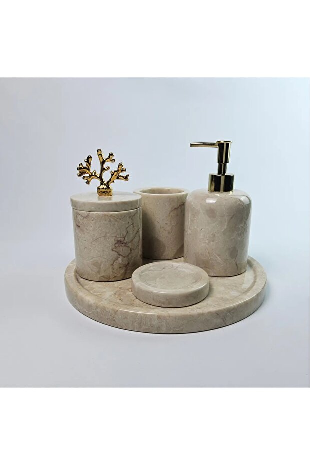 Decorative Natural Beige Marbroom Accessory 5 Pieces Marbroom Bathroom Set / Marbroom Bathroom Set