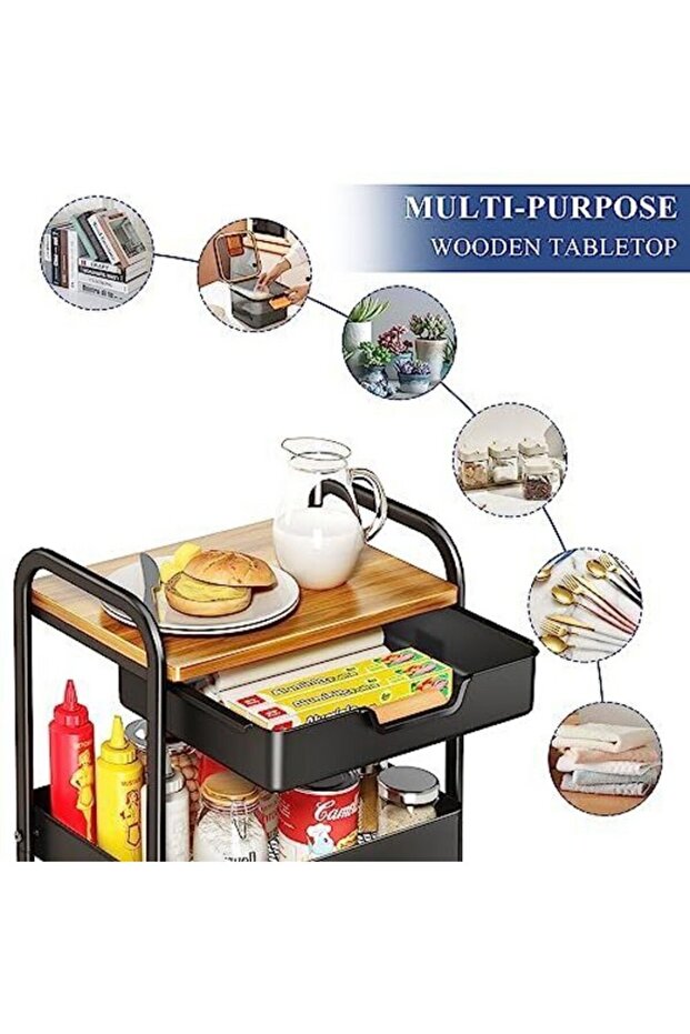 عربة مطبخ متعددة الاستخدامات ذات عجلات دوارة ثلاثية الطبقات لتوفير المساحة - 4