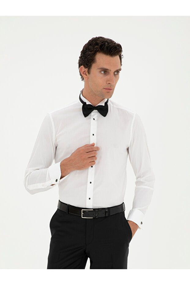 White Slim Fit Cuffed Cotton Blend Tuxedo Shirt 50285569-Vr013