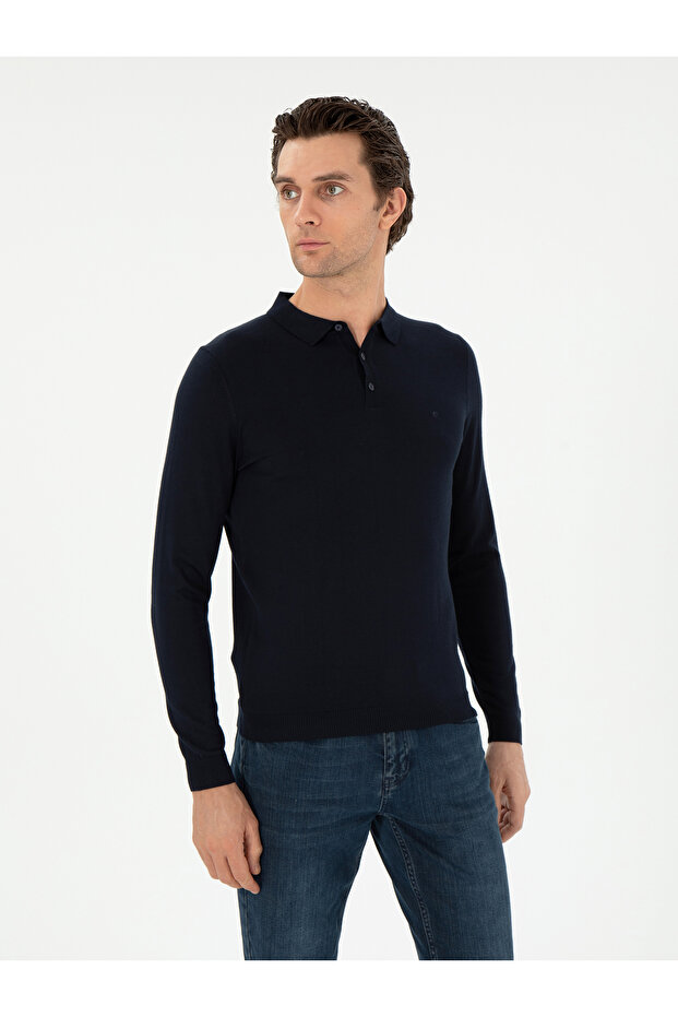 Lacivert Slim Fit Yün Karışımlı Polo Yaka Basic Triko Kazak 50293274-VR033