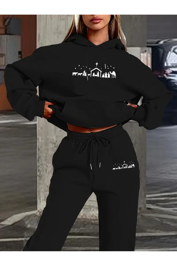 طقم سويت شيرت بقلنسوة أنيق وسروال طويل