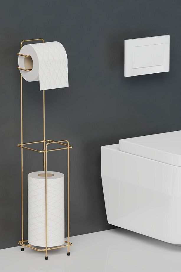 HOME Gold Kaplama Tuvalet Kağıtlığı Wc Kağıtlık Yedekli Metal Tuvalet Kağıdı Standı Tutacağı - 1