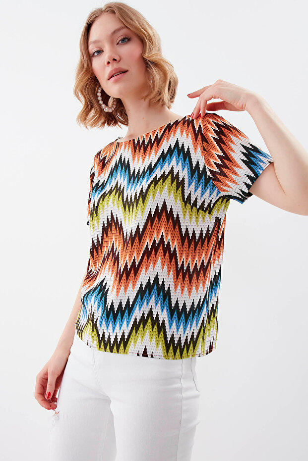 Zigzag Desen Kısa Kol Bluz - 1