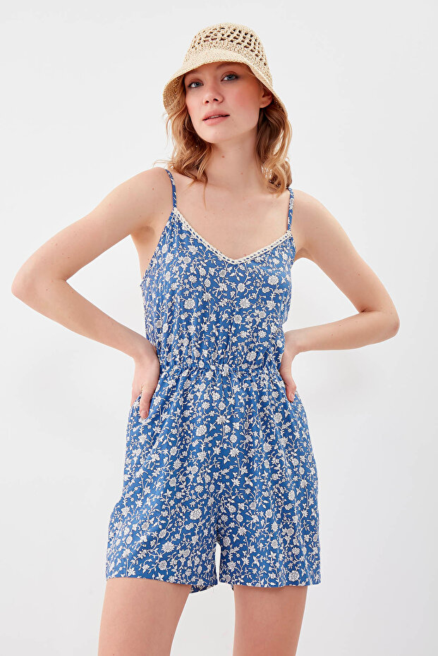 Çiçek Desenli Çift Cep Tulum - 1