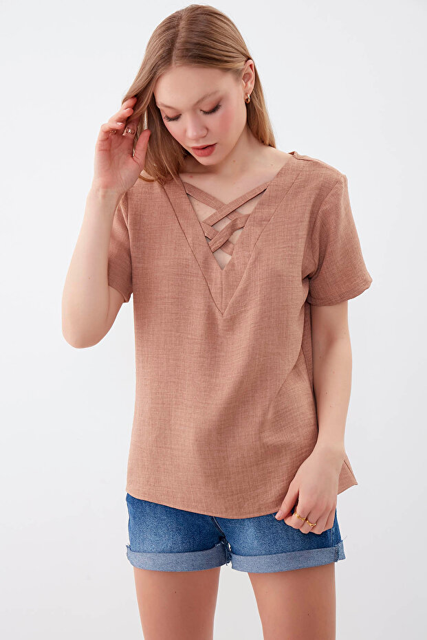 Önü Çapraz V Yaka Bluz - 4