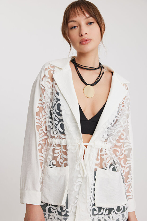 سترة شفافة منقوشة بخصر مربوط - 3