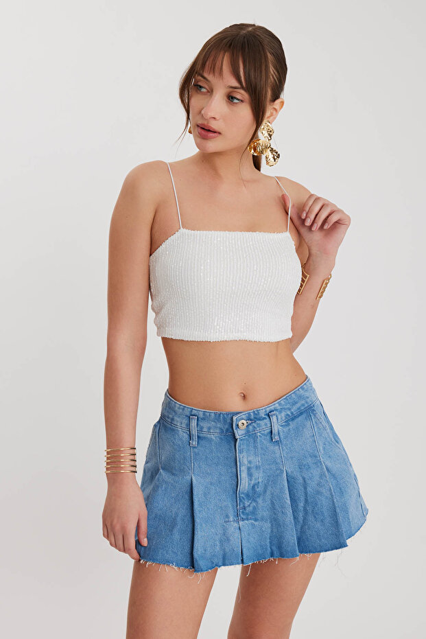 İp Askılı Pullu Crop Bluz - 1