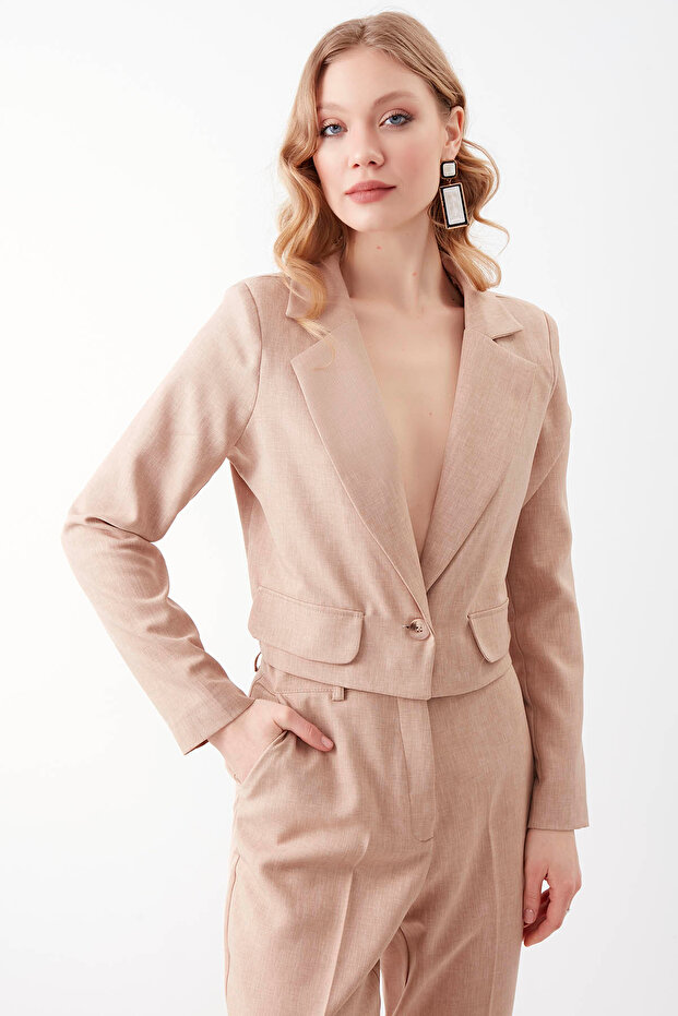 Single Button Crop Jacket with Flap Pocket - 1