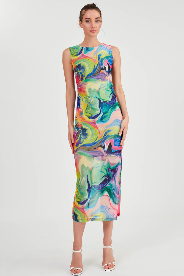 فستان طويل من التول برباط منقوش - 1