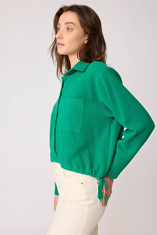 Önü Düğmeli Beli Bağcıklı Tek Cep Örme Bluz - 3