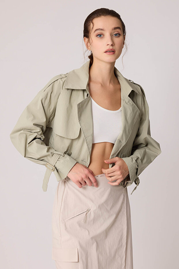 Astarlı Önü Düğmeli Crop Trençkot - 3