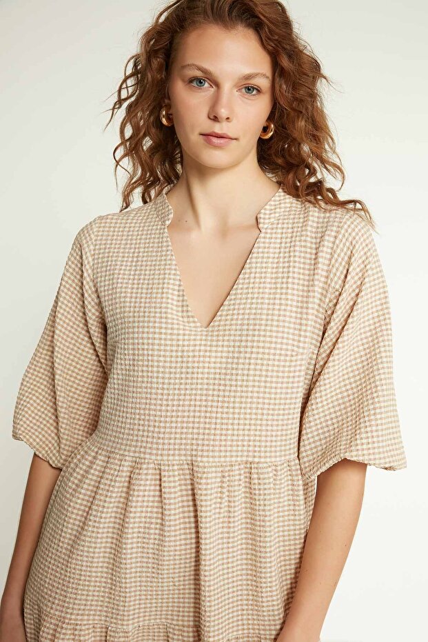 Šaty pro babydoll se vzorem Gingham Seersucker Fabric - 2