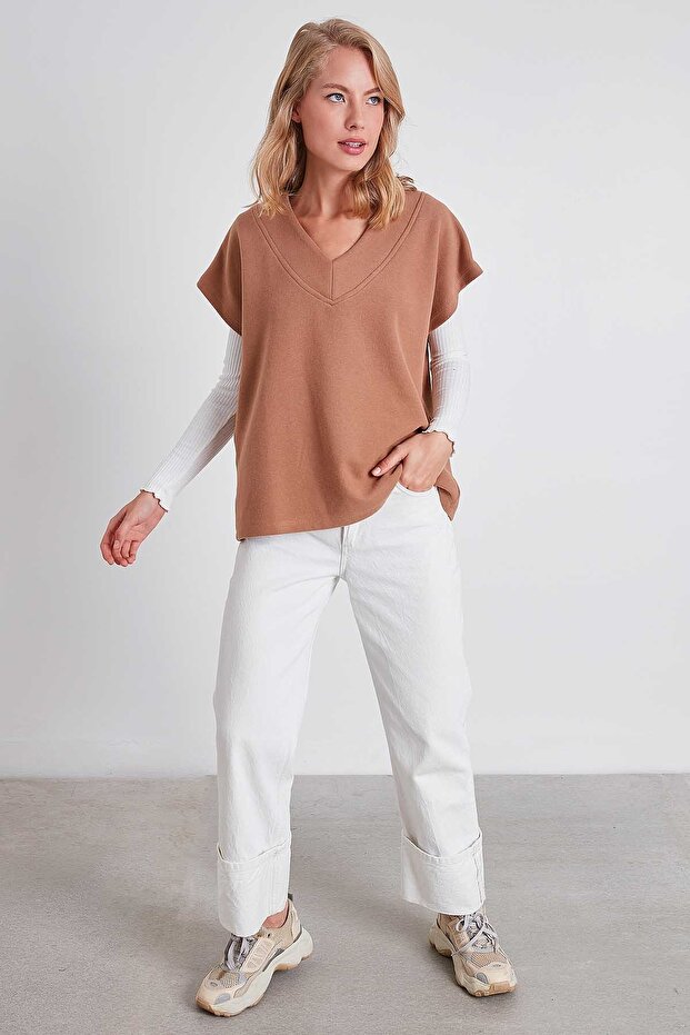 V Yaka Düşük Kol Örme Sweat - 2