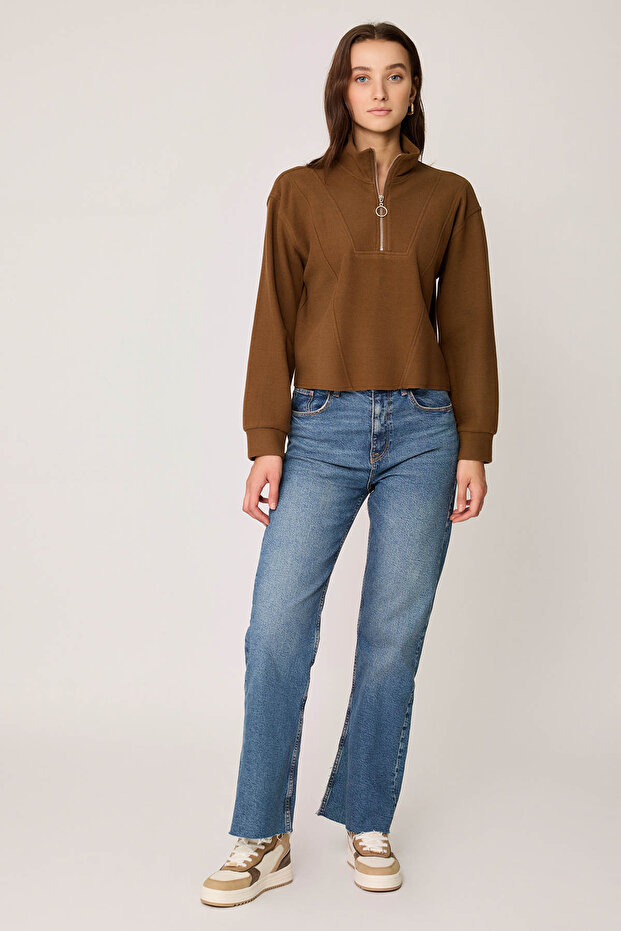 Dik Yaka Fermuarlı Örme Sweatshirt - 1