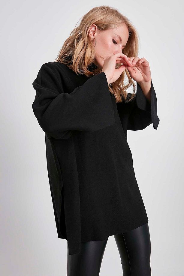 Düşük Kol Yakalı Yanlar Yırtmaçlı Örme Oversize Bluz - 4