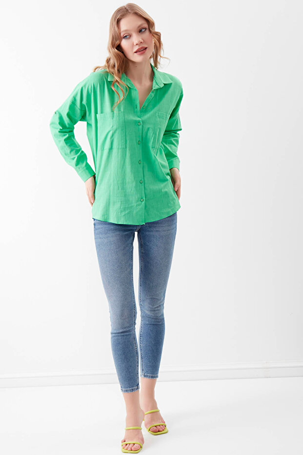 Basic Oversize Önden Cepli Gömlek - 4
