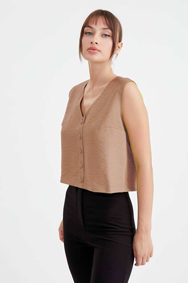 Düğmeli Crop Yelek - 3