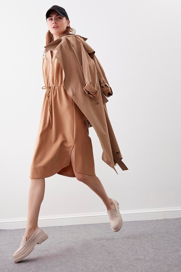 Düğmeli Beli Büzgülü Örme Elbise - 1