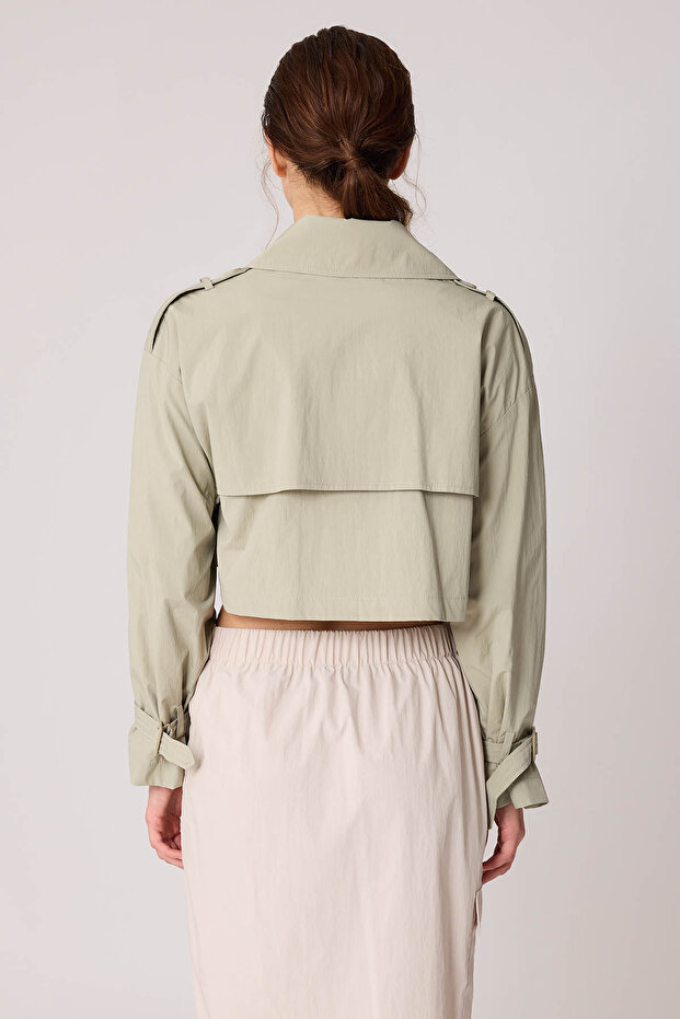 Astarlı Önü Düğmeli Crop Trençkot - 5