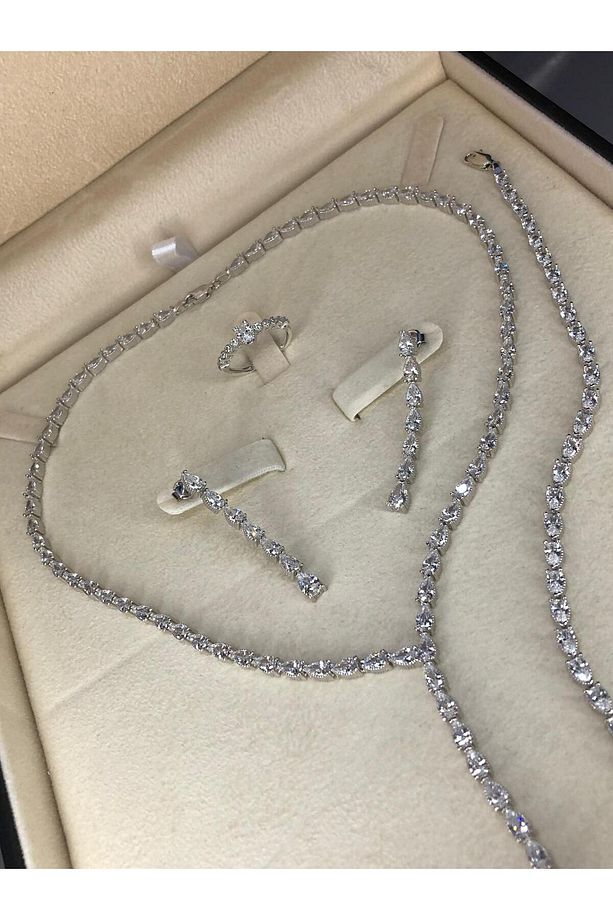 Kadın Gümüş Set - Açela Zirconia Taşlı Su Yolu • Işıklı Kutuda • Düğün • Nişan • Gelin Seti Takımı - 1