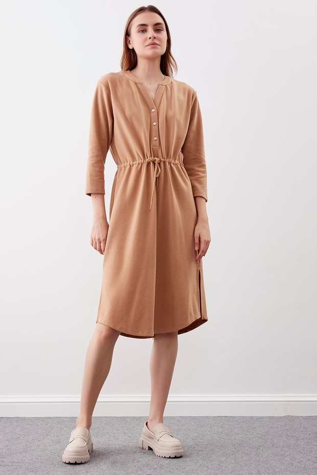 Düğmeli Beli Büzgülü Örme Elbise - 3