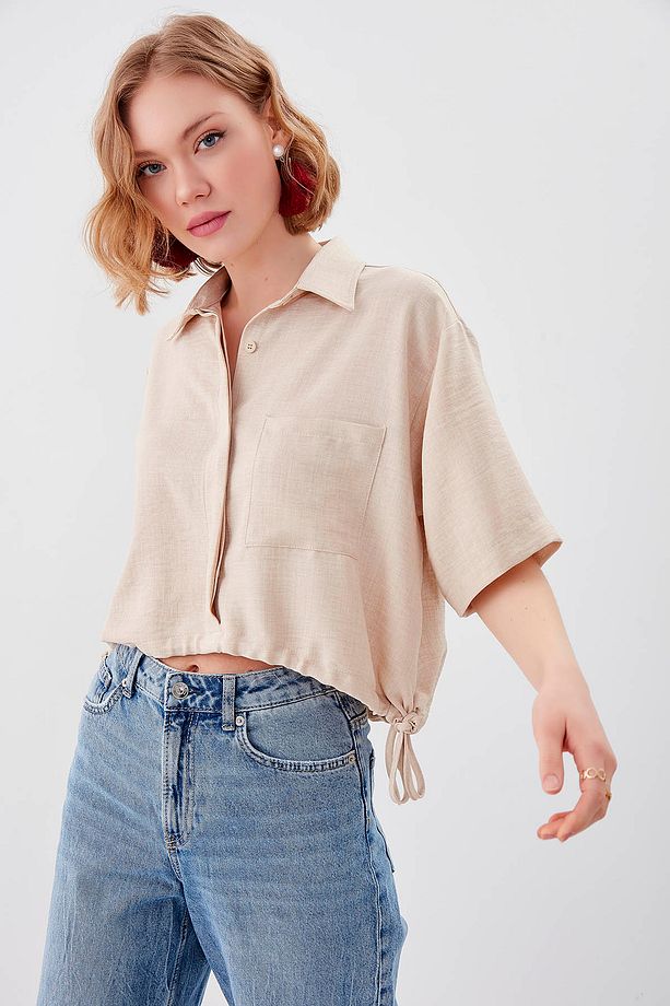 Beli Lastikli Tek Cep Crop Gömlek - 4