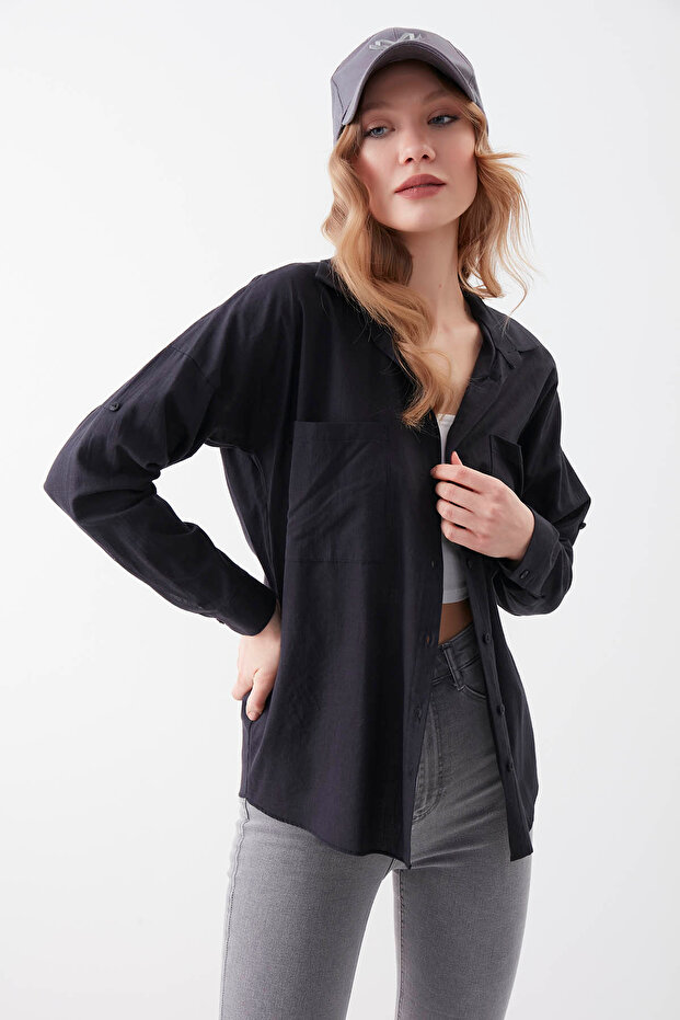 Basic Oversize Önden Cepli Gömlek - 1