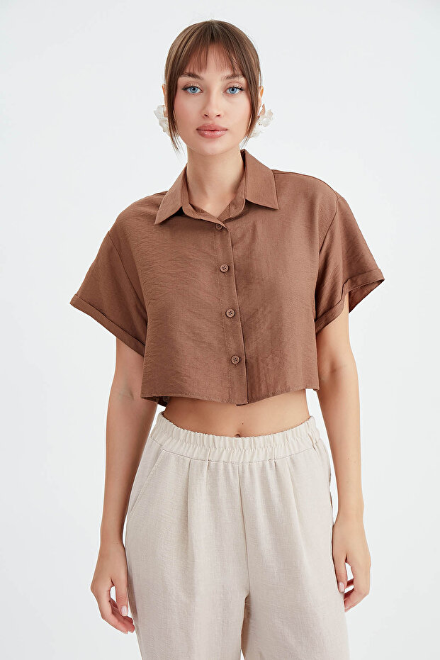 Düşük Omuz Crop Gömlek - 1