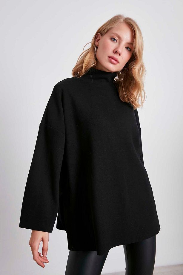 Düşük Kol Yakalı Yanlar Yırtmaçlı Örme Oversize Bluz - 3
