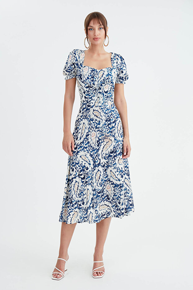 Önü Büzgülü Desenli Elbise - 1