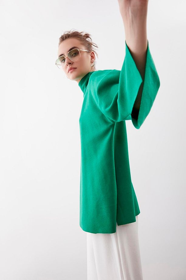 Düşük Kol Yakalı Yanlar Yırtmaçlı Örme Oversize Bluz - 4