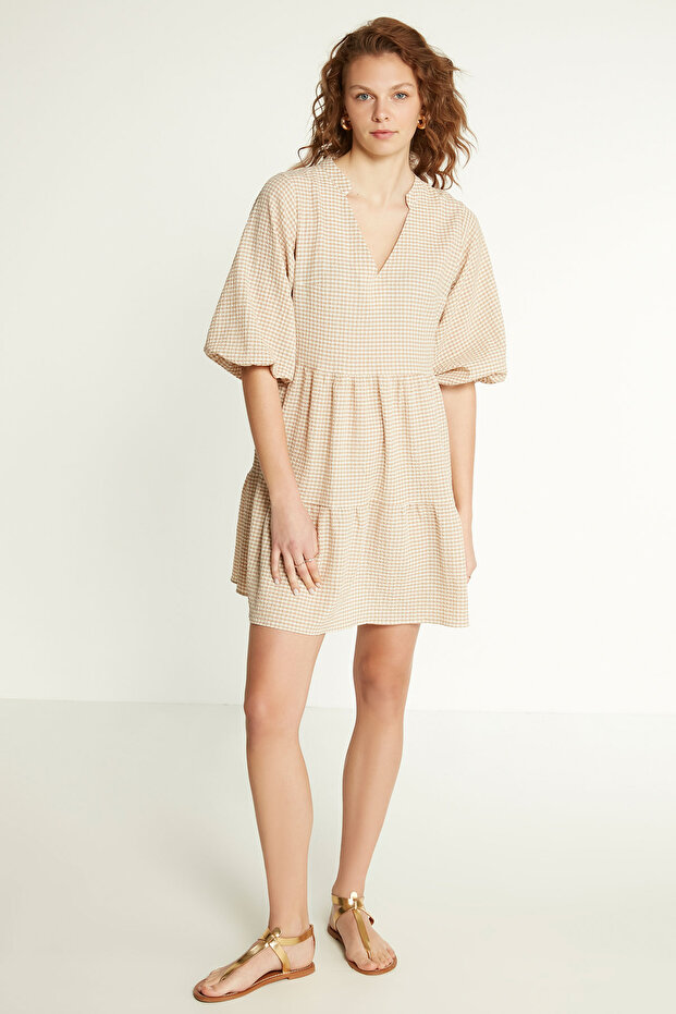 Šaty pro babydoll se vzorem Gingham Seersucker Fabric - 1