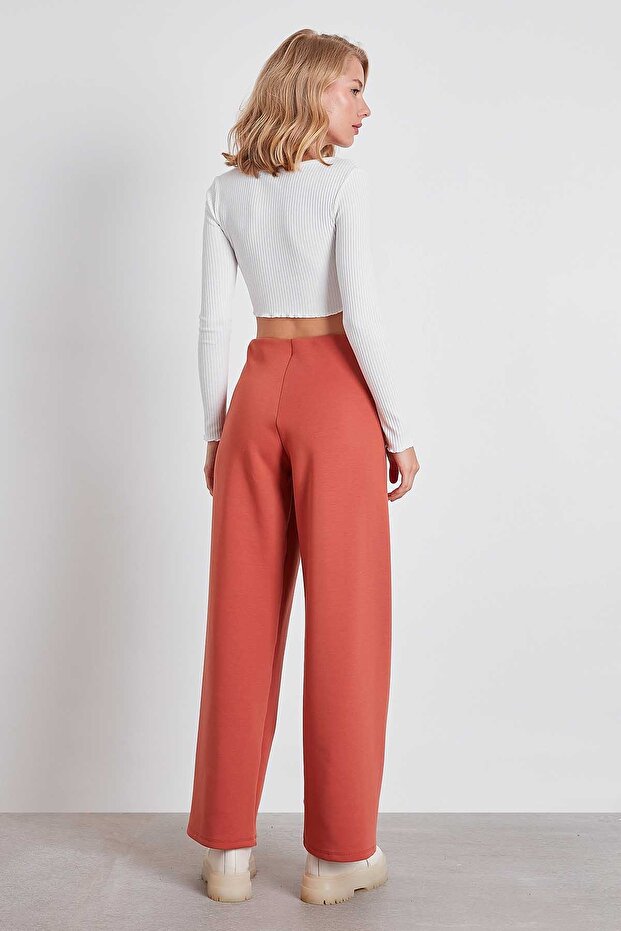 Yüksek Bel Bol Paça Örme Pantolon - 5