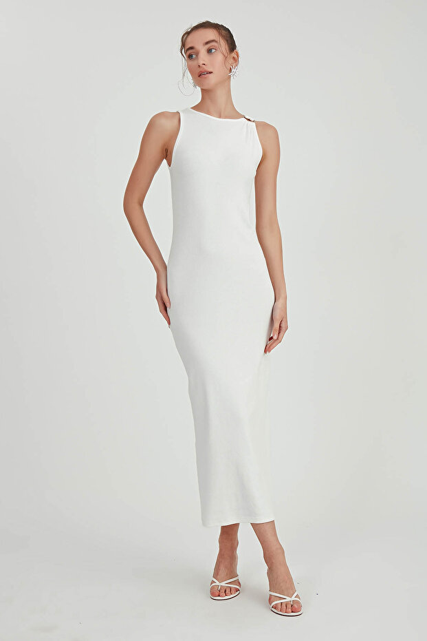 Omuzu Tokalı Uzun Örme Elbise - 1